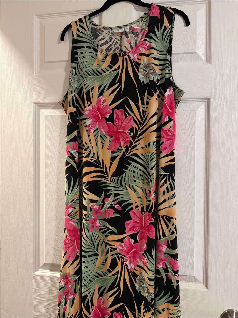 Attitudes by Renee Black Maxi Dress with Pink Floral and Green Leaf Print 1x